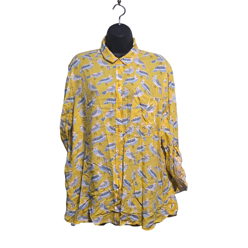 Beachlunchlounge Women Yellow Bird Print Viscose Roll Tab Button Down Shirt Sz L